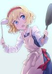  1girl alice_margatroid apron blonde_hair blue_background blue_eyes cooking frying_pan hairband hands_up highres ikamagu ladle lolita_hairband looking_to_the_side open_mouth short_hair simple_background solo touhou 