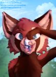 aiko_(infamousrel) ailurid anthro blue_body blue_eyes blue_fur bodily_fluids brown_body brown_fur chest_tuft digital_media_(artwork) digital_painting_(artwork) duo eyes_closed female feral fluffy fluffy_chest fur head_tuft hi_res holding_another holding_by_tail holding_over_mouth imminent_oral_vore imminent_vore inner_ear_fluff looking_at_another looking_at_viewer mammal mouse mouth_focus mouth_shot murid murine open_mouth outside painting_(artwork) plant red_body red_fur red_panda rodent saliva scarf sky smile stellamerryfox suiro_(character) tan_body tan_fur teeth throat tongue tree tuft white_body white_fur