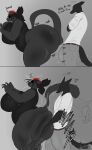 2026 anthro big_breasts big_butt big_penis black_body black_eyes black_fur black_hair black_nose black_sclera bottomwear breasts bulge butt butt_jiggle butt_ripples butt_slap butt_smack canid canine canis cleavage clothed clothing comic digital_media_(artwork) dirod_(masterj291) domestic_cat domestic_dog duo emoticon english_text felid feline felis female fur genitals gradient_background grey_background hair hand_on_butt hi_res huge_breasts huge_butt huge_penis hyper hyper_breasts hyper_butt hyper_genitalia hyper_penis jiggling male male/female mammal masterj291 onomatopoeia pants penis red_hair shirt shocked simple_background slap slyrray_(masterj291) sound_effects spanking text thick_thighs throbbing throbbing_penis topwear
