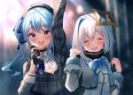  2girls absurdres amane_kanata arm_up bangs beret black_gloves black_shirt blue_bow blue_eyes blue_hair blue_neckwear blue_ribbon blurry blurry_background blush bow choker closed_eyes collared_shirt colored_inner_hair commentary_request crying crying_with_eyes_open dress eyebrows_visible_through_hair gloves grey_headwear hair_between_eyes hair_intakes hair_ornament halo hand_up hands_up happy_tears hat high_collar highres holding holding_microphone hololive hoshimachi_suisei idol jacket light_beam long_sleeves looking_at_viewer medium_hair microphone multicolored_hair multiple_girls music neck_ribbon open_mouth partially_fingerless_gloves pink_hair plaid plaid_headwear plaid_jacket ribbon sailor_collar senriyama shirt short_dress short_hair side_ponytail silver_hair singing smile stage stage_lights star_(symbol) streaked_hair tears turtleneck turtleneck_dress upper_body upper_teeth virtual_youtuber white_jacket white_sailor_collar white_shirt wide_sleeves wrist_cuffs 