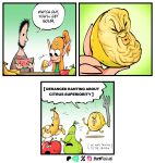 animate_inanimate apple banana beard black_beard black_eyes black_facial_hair black_hair brown_clothing brown_shirt brown_topwear clothing comic crown cutlery dialogue dress elf elf_(merrivius) elf_comic english_text eyebrows eyelashes eyes_closed facial_hair female food food_creature fork fruit green_clothing green_dress group hair headgear hi_res human human_(merrivius) humanoid_pointy_ears humor kitchen_utensils lemon light_body light_skin long_ears male mammal melon merrivius orange_hair pear pink_tongue plant pointy_ears ponytail puckered_lips shirt short_hair speech_bubble tan_body tan_skin text tiara tongue tongue_out tools topwear watermelon