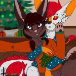 1:1 akuna canid canine christmass cuddling dragon duo female female/female fox fur furred_dragon hi_res lagomorph leporid mammal rabbit sakaya unknown_artist 