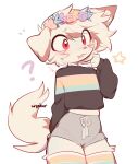 2023 accessory anthro black_clothing black_topwear blush blush_lines bodily_fluids bottomwear canid canine canis clothed clothing crop_top digital_media_(artwork) domestic_dog femboy fingers floppy_ears flower flower_in_hair fluffy fluffy_tail fully_clothed fur grey_clothing hair hair_accessory hi_res legwear male male_anthro mammal multicolored_clothing multicolored_legwear multicolored_shirt multicolored_thigh_highs multicolored_topwear open_mouth pattern_clothing pattern_legwear pattern_thigh_highs pattern_topwear plant question_mark saliva shirt shorts signature simple_background solo star striped_clothing striped_legwear striped_thigh_highs striped_topwear stripes sweater tail text thigh_highs topwear tuft white_background wypher