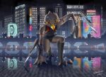 anthro apalis_(zerohours) avian avian_feet bird cd_projekt_red city city_background cybernetic_limb cybernetics cyberpunk cyberpunk_2077 falcon falconid feather_hair feathers hi_res kestrel looking_at_viewer machine male mantis_blades neon_lights night pseudo_hair reflection solo three-point_landing zerohours