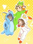  1girl 2boys :o ;d arm_up bangs blush clenched_teeth commentary_request cosplay dark_skin dark_skinned_male eyebrows_visible_through_hair eyelashes gen_8_pokemon gloria_(pokemon) gloves grookey grookey_(cosplay) holding holding_poke_ball hood hood_up hop_(pokemon) long_sleeves looking_at_viewer multiple_boys nagi_(exsit00) one_eye_closed open_mouth orange_gloves outline poke_ball poke_ball_(basic) pokemon pokemon_(game) pokemon_swsh scorbunny scorbunny_(cosplay) short_hair smile sobble sobble_(cosplay) teeth tongue victor_(pokemon) yellow_eyes 