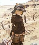  1girl :/ abigail_(world_witches_series) absurdres animal_ears barbed_wire battlefield blonde_hair blurry brown_eyes cat_ears cat_tail desert faux_traditional_media freckles goggles goggles_on_head goggles_on_headwear head_tilt helmet highres kabuyama_kaigi looking_to_the_side military military_uniform short_hair sketch sky smoke solo striker_unit tail uniform world_witches_series 