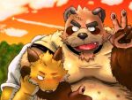  2014 4:3 anthro belly blush brown_body brown_fur canid canine clothing duo fox fur hachisan5656 hug humanoid_hands kemono male mammal outside overweight overweight_male raccoon_dog shirt tanuki topwear 