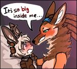  anthro antlers aster_faye black_border blush border canid canine collar dialogue domination duo female female_domination fur hair horn jackalope jam_(artist) lagomorph leporid male male/female mammal maned_wolf nude rabbit simple_background size_difference smug submissive submissive_male 