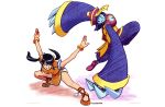  asian_mythology blue_clothing chinese_mythology clothing duo east_asian_mythology female fighting_pose hair hi_res hsien-ko_(darkstalkers) human humanoid jiangshi jumping ling_xiaoyu looking_at_another mammal michafrar mythology on_ground orange_clothing ponytail pose smile undead 