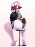  absurd_res anthro bella_(terraapple) big_breasts big_butt blue_eyes blush bovid bra breasts butt caprine clothing facial_piercing female hair hi_res lingerie looking_back mammal nose_piercing piercing pink_hair sheep simple_background sitting solo talilly underwear 
