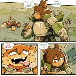 1:1 2026 5_fingers 5_toes absurd_res ahoge anthro armor axe battle_axe bodily_fluids brown_body brown_fur brown_hair canid canine canis ceehaz claws clothing collar comic delirious dialogue dobermann dog_knight_rpg domestic_dog duo english_text feet female finger_claws fingerless_gloves fingers fur gem gloves hair handwear heel_pad hi_res holding_battle_axe holding_melee_weapon holding_object holding_weapon humanoid_feet humanoid_hands imminent_attack lying maci_(ceehaz) mammal melee_weapon metal_armor on_back orange_body orange_eyes orange_fur orange_hair pawpads pearl_(gem) pincers pinscher plantigrade plantigrade_pawpads pomeranian rory_(ceehaz) soles speech_bubble spitz stirrup_footwear tail tears text toes tongue tongue_out weapon