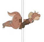 2d_animation animated animated_gif ankle_cuffs anthro belt_pouch bottom_heavy brown_body brown_fur chest_wraps cuff_(restraint) female flat_chested fur hi_res horn huge_hips huge_thighs kick kobold loop neck_cuff piko_(simplifypm) potoobrigham pouch_belt red_eyes reptile restraints scalie short_playtime solo stuck tail thick_tail thick_thighs through_wall wide_hips wraps