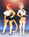  anthro big_breasts bottomwear breast_size_difference breasts cheetah clothed clothing clothing_lift duo felid feline gynomorph hi_res intersex lagomorph leporid lo mammal no_underwear rabbit revadiehard sabel skirt skirt_lift 