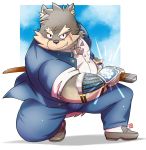  2020 anthro belly black_nose blush bottomwear canid canine canis clothing cute_fangs domestic_dog hi_res kamui_shirow male mammal moritaka overweight overweight_anthro overweight_male pants scar shirt solo tokyo_afterschool_summoners topwear video_games weapon 