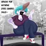 1:1 absurd_res anthro azucena_(eddiebrije) big_breasts big_butt black_lips breasts butt cigarette clothed clothing eddiebrije female fingers generation_3_pokemon green_hair hair hi_res holding_cigarette holding_object huge_breasts lips looking_at_viewer mature_female nintendo not_furry pokemon pokemon_(species) ralts smile smoke solo text thick_lips thick_thighs white_body wide_hips