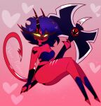 2025 axe battle_axe big_weapon black_choker black_jewelry black_necklace blue_hair blush blush_lines breasts choker cleavage clothed clothing eyelashes eyeshadow female hair half-closed_eyes heart_symbol heart_tattoo hellaverse helluva_boss hi_res hooves horn humanoid imp jewelry leg_scar long_eyelashes makeup millie_(helluva_boss) mole_under_eye narrowed_eyes necklace not_furry pink_background prince_papaya red_body red_eyeshadow red_skin scar simple_background smile solo spade_tail tail tattoo