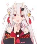  1girl :d ? bangs bare_shoulders bell black_kimono blush commentary_request double_bun eyebrows_visible_through_hair grey_hair hair_bell hair_ornament hand_up hololive horns hot_kakigoori japanese_clothes jingle_bell kimono long_hair long_sleeves looking_at_viewer multicolored_hair nakiri_ayame off_shoulder oni oni_horns open_mouth red_eyes red_hair ribbon_trim simple_background smile solo streaked_hair two_side_up upper_body virtual_youtuber white_background wide_sleeves 