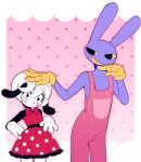 :3 ambiguous_gender anthro bangs blush bottomwear bow_tie canid canine canis clothed clothing digital_media_(artwork) domestic_dog dotted_skirt dreamalgia dress duo female glitch_productions gloves grin hair handwear heart_symbol hi_res jax_(tadc) lagomorph leporid mammal pattern_bottomwear pattern_clothing pattern_skirt purple_body rabbit skirt smile spots spotted_bottomwear spotted_clothing spotted_skirt standing teeth the_amazing_digital_circus white_body white_hair
