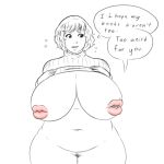  1:1 anonymous_artist big_breasts breasts clothing dialogue english_text female genitals human human_only mammal nipple_mouth not_furry overweight overweight_female pubes pussy speech_bubble sweater sweater_lift text thinking topwear unknown_artist 