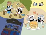 4:3 animate_inanimate bed bedding beverage blanket blowing_bubbles bodily_fluids brother_(lore) brothers_(lore) bubble butter chikijima container cup cuphead_(character) cuphead_(game) dairy_products daww drooling duo english_text food for_a_head furniture grin happy heart_symbol hug hugging_object hugging_plushie humanoid juice_(beverage) laugh male male/male mug mugman not_furry object_head on_roof pancake pie_cut_eyes plant plate plushie saliva sibling_(lore) simple_eyes sleeping sleeping_together smile studio_mdhr teddy_bear teeth text toy tree twins_(lore)