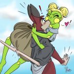  1:1 amphibian anthro blush clothing duo female forced forced_kiss frog fur grabbing hug kissing male male/female mammal murid murine penny_(tekandprieda) rat red_body red_fur rodent shocked surprise tek_(tekandprieda) tekandprieda_(artist) 