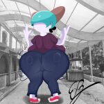 1:1 absurd_res anthro anus_markings azucena_(eddiebrije) big_breasts big_butt black_lips breasts butt clothed clothing eddiebrije female fingers generation_3_pokemon genital_markings genitals green_hair hair hi_res huge_breasts lips looking_at_viewer markings mature_female nintendo not_furry pokemon pokemon_(species) pokemorph ralts smile solo thick_lips thick_thighs vulva vulva_markings white_body wide_hips