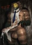 anthro apron apron_only areola balls barazoku blood bodily_fluids bow_tie brown_body claws clothing earthist erection genital_fluids genitals grin horror_(theme) huge_thighs male manly muscular muscular_anthro muscular_male nightmare_fuel nipples nude penis pumpkin_rabbit smile solo tenting the_walten_files thick_arms thick_penis thick_thighs vein veiny_balls veiny_penis