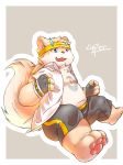  2020 absurd_res anthro belly bottomwear canid canine clothed clothing cute_fangs hi_res humanoid_hands kemono linzer_(artist) male mammal navel open_clothing open_shirt open_topwear shirt shorts slightly_chubby solo topwear young 