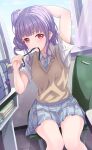  1girl absurdres bag bag_charm bang_dream! bang_dream!_girls_band_party! black_ribbon blue_necktie blue_skirt book brown_sweater_vest chair charm_(object) classroom closed_mouth collared_shirt commentary_request desk diagonal-striped_clothes diagonal-striped_necktie dutch_angle hair_ribbon hair_tie_in_mouth haneoka_school_uniform highres indoors long_hair looking_at_viewer mouth_hold narafume necktie on_chair one_side_up pile_of_books plaid_clothes plaid_skirt pleated_skirt purple_bag purple_hair ribbon school_bag school_chair school_desk school_uniform shirt short_sleeves sitting skirt solo striped_clothes striped_necktie sweater_vest tile_floor tiles tying_hair udagawa_ako wavy_hair white_shirt window 