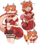  1girl 1other armor bike_shorts biting biting_own_tail blush breath_weapon breathing_fire broken_horns brown_eyes clothing_cutout disembodied_hand dragon_girl dragon_horns dragon_tail dragon_wings faulds fire flying_sweatdrops hatoga_suki highres horns idolmaster idolmaster_million_live! idolmaster_million_live!_theater_days injury low_wings mini_wings monster!_dragon_(idolmaster) navel nose_blush orange_hair red_scales roasted_marshmallow scales severed_tail side_ahoge simple_background stomach_cutout tail white_background wings yabuki_kana 