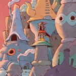  1boy architecture building cape chimney commentary_request faceless gloves glowing glowing_eyes helmet highres long_sleeves migamigami original outdoors pants red_cape scenery shirt smoke solo spanish_commentary standing toon_(style) wide_shot 
