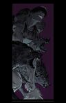  1boy animal black_border black_hair black_shirt border compression_shirt fushiguro_toji greyscale highres holding holding_sword holding_weapon inventory_curse_(jujutsu_kaisen) jujutsu_kaisen male_focus mature_male monochrome muscular muscular_male natsu_(rodysanp) pants parted_lips pectorals purple_background scar scar_on_face scar_on_lip scar_on_mouth shirt short_hair simple_background smile solo split_soul_katana_(jujutsu_kaisen) sword weapon wolf 