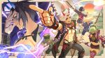  2girls 4boys abs arataki_itto black_hair black_pants black_shorts blue_eyes blue_horns chest_tattoo commentary crop_top demon_horns egasumi english_commentary facial_mark genshin_impact gloves green_hair hair_ornament hand_tattoo hitotsume_kozou_(genshin_impact) horns jacket japanese_clothes kappa_(genshin_impact) kimono kuki_shinobu long_hair mask midriff mouth_mask multicolored_hair multiple_boys multiple_girls muscular muscular_male navel ngkhyn oni open_mouth pants purple_jacket red_eyes red_hair red_horns scar scar_on_chest shorts smile stomach takuya_(genshin_impact) tattoo thighhighs vision_(genshin_impact) white_gloves white_hair youko_(genshin_impact) yukata 
