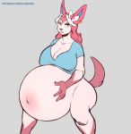  2020 anthro belly big_belly big_breasts blue_eyes bottomless breasts clothed clothing eeveelution faizenek female fur grey_background hair hand_on_stomach hi_res highlights_(coloring) hyper hyper_pregnancy looking_at_viewer navel nintendo outie_navel pink_body pink_fur pink_hair pok&eacute;mon pok&eacute;mon_(species) pregnant shirt simple_background smile solo sylveon text topwear url video_games white_highlights wide_hips 