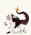  2girls arknights brown_hair closed_eyes closed_mouth dragon_girl dragon_horns dragon_tail feather_hair highres horns hug i_sleepingnow kiss kissing_cheek long_hair multiple_girls saria_(arknights) shirt short_hair silence_(arknights) skirt sweatdrop tail white_hair yuri 