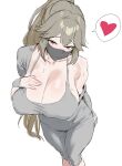  1girl absurdres alexandrina_sebastiane alternate_breast_size_(larger) breasts cleavage commentary_request covered_nipples dongtan_dress dress grey_dress grey_hair heart highres huge_breasts long_hair looking_at_viewer mask mouth_mask red_eyes simple_background sochin_douji solo spoken_heart very_long_hair white_background zenless_zone_zero 