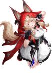  1girl absurdres animal_ear_fluff animal_ears arknights arknights:_endfield black_gloves blonde_hair cape chinese_commentary commentary_request dress fingerless_gloves gloves highres holding holding_knife holding_weapon hood hooded_cape jewelry knife long_hair looking_at_viewer low-tied_sidelocks lower_teeth_only necklace one_eye_closed open_mouth red_cape ressec rossi_(arknights) sidelocks simple_background solo tail teeth tooth_necklace weapon white_background white_dress wolf_ears wolf_girl wolf_tail yellow_eyes 