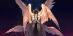  1boy angel_wings blue_eyes brown_hair castiel closed_eyes facial_hair food halo hands_clasped male_focus multiple_wings necktie own_hands_together praying seraph siruphial sky solo star_(sky) starry_sky supernatural_(tv_series) trench_coat wings 