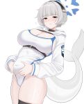  1girl black_eyes blue_archive blush breasts cetacean_tail dolphin_girl embarrassed fins fish_tail grey_hair halo headphones highres hood hoodie kotone_(blue_archive) large_breasts simple_background swimsuit tail tojo_aoi wet wet_clothes white_background 