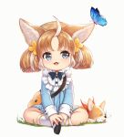  1girl :3 ahoge animal_ear_fluff animal_ears ankle_socks artist_request black_bow black_bowtie black_shoes blue_butterfly blue_dress blue_eyes bow bowtie brown_hair bug butterfly butterfly_on_head buttons casual child closed_eyes commentary_request dog dog_ears dog_girl dress english_commentary flower frilled_dress frills full_body grass hair_flower hair_ornament hands_on_lap hat highres indian_style king's_raid korean_commentary looking_to_the_side mary_janes medium_hair mixed-language_commentary multicolored_hair official_alternate_costume official_art open_mouth own_hands_together second-party_source shoes short_eyebrows short_twintails sitting socks solo squeans straw_hat streaked_hair taily_(king's_raid) tongue tongue_out twintails welsh_corgi white_socks white_streaks yellow_flower 