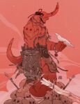  1boy albabg animal armor balding bandaged_leg bandages beard bird bracelet cloud colored_skin commentary demon_boy earrings english_commentary facial_hair full_body gauntlets gem hair_bun hellboy hellboy_(comic) highres holding holding_animal holding_bird holding_sword holding_weapon horns jewelry loincloth looking_down male_focus muscular muscular_male necklace outdoors pauldrons pectorals profile red_skin red_theme shoulder_armor skull sky solo sword toon_(style) weapon 