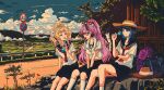  3girls animal_ear_fluff animal_ears arm_at_side artdroiiid_ii backpack bag between_legs black_hair black_sailor_collar black_skirt black_streaks blonde_hair blue_bag blue_eyes blue_sky blue_streaks breasts brown_hat character_request closed_mouth cloud cloudy_sky commentary day eating english_commentary feet_out_of_frame fence field flower food food_bite green_eyes guard_rail gunzyo_roman hand_between_own_legs hand_up hat highres hill holding holding_food holding_popsicle hot kneehighs ligne_claire looking_at_another looking_to_the_side medium_breasts medium_hair midriff mixed-language_commentary multicolored_eyes multicolored_hair multiple_girls neckerchief open_mouth outdoors pink_eyes pink_hair popsicle purple_bag purple_eyes red_flower red_neckerchief road road_sign rock rural sailor_collar school_bag short_sleeves sign sitting skirt sky slice_of_life smile socks speed_limit_sign streaked_hair striped_tail summer summer_uniform sun_hat tail towel towel_around_neck tree turning_head twintails two-tone_eyes uniraid unworn_hat unworn_headwear virtual_youtuber watermelon_bar white_socks wooden_fence yellow_flower 