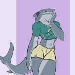  1:1 abs anthro black_eyes bottomwear breasts clothed clothing crop_top f_draws female fin fish gills head_fin hi_res marine muscular muscular_anthro muscular_female non-mammal_breasts selene_(f_draws) shark sharp_teeth shirt shorts smile solo standing tail_fin tattoo teeth thick_tail tight_clothing topwear wide_hips 