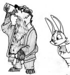  2016 3_toes 4_fingers age_difference anthro badger beverage bite biting_lip biting_own_lip black_and_white buckteeth calvin_lapin_(spiff) cheek_tuft chest_tuft claws clothed clothing disembodied_hand disney duo duo_focus ears_up eyebrows facial_tuft fan_character finger_claws fingerclaws fingers gloves_(marking) grey_clothing grey_legwear grey_topwear group lagomorph larger_male legwear leporid looking_at_another looking_up male mammal markings martial_arts_uniform monochrome mustelid musteline obi ogling older_male open_clothing open_topwear rabbit raised_eyebrows scruffy self_bite sharp_teeth shirt_grab simple_background size_difference smaller_male spiff sportswear teeth toe_claws toes topwear traditional_media_(artwork) tristan_growlagher_(spiff) tuft water_bottle water_drop white_background white_clothing white_topwear younger_male zootopia 