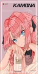  1girl a.zusami absurdres beer_can black_ribbon blue_eyes can character_name closed_mouth commentary drink_can earrings film_grain hair_intakes hair_ribbon highres holding holding_can jewelry kamiina_botan kamiina_botan_yoeru_sugata_wa_yuri_no_hana ligne_claire looking_at_viewer pink_hair purple_background recording ribbon shirt simple_background smile solo star_(symbol) star_earrings stud_earrings two_side_up upper_body white_shirt 