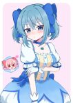  2girls blue_background blue_choker blue_dress blue_eyes blue_gem blue_hair blush borrowed_hairstyle bow bow_choker breasts bubble_skirt chest_jewel choker closed_mouth commentary_request cosplay dress dress_bow embarrassed gem hand_on_own_arm heart highres kaname_madoka kaname_madoka_(cosplay) kaname_madoka_(magical_girl) magical_girl mahou_shoujo_madoka_magica mahou_shoujo_madoka_magica_(anime) miki_sayaka multiple_girls short_twintails skirt soul_gem_(madoka_magica) sweatdrop twintails yamutarou 