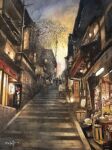  architecture artist_name banner commentary_request east_asian_architecture highres kyoto_(city) ofuda orange_skirt original outdoors painting_(medium) people real_world_location sannenzaka scenery shop signature skirt stairs town traditional_media twintails watanabe_masato watercolor_(medium) 