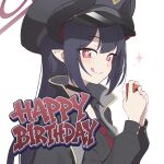  +_+ 1girl :q backscratcher777 black_choker black_hair black_horns black_jacket black_shirt blue_archive camera chiaki_(blue_archive) choker collared_shirt commentary demon_girl demon_horns digital_camera english_text from_side halo happy_birthday highres holding holding_camera horns jacket jacket_on_shoulders long_hair long_sleeves looking_at_viewer looking_to_the_side multicolored_horns necktie open_collar pointy_ears portrait red_eyes red_halo red_necktie shirt simple_background smile solo sparkle tongue tongue_out two-tone_horns white_background 