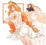  2girls alternate_costume bad_anatomy bad_hands black_coat black_hairband black_pants bow bowtie brown_hair closed_eyes coat commentary dress drooling english_commentary feet_out_of_frame freckles hair_bow hairband highres ishmael_(project_moon) limbus_company long_hair looking_at_viewer mopa_huhu multiple_girls orange_bow orange_bowtie orange_eyes orange_hair pants project_moon rodion_(project_moon) simple_background smile twitter_username very_long_hair white_background white_bow white_dress 