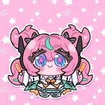  +_+ 1girl absurdres aqua_streaks aria_(human)_(zenless_zone_zero) aria_(zenless_zone_zero) ayunyan_pere black_bow blue_eyes blush bow chibi chibi_only closed_mouth commentary_request dress full_body glowstick hair_bow highres holding holding_glowstick looking_at_viewer multicolored_hair pink_background pink_hair quad_tails smile solo star_(symbol) star_symbol_background streaked_hair white_dress zenless_zone_zero 
